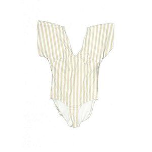 Albion The Cape Beige Striped Short Sleeve V Neck One Piece Swimsuit Size Medium